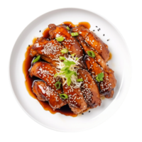 ai généré poulet teriyaki sur une blanc assiette sur transparent Contexte. png