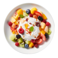 ai generado encanto de un mezclado Fruta ensalada con yogur en transparente antecedentes. png