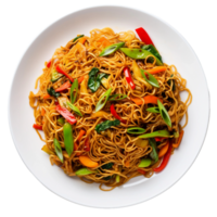 AI generated Stir-Fried Noodles with Vibrant Vegetables on a White Plate on transparent background. png