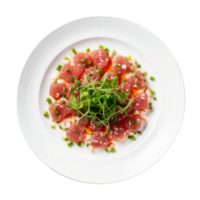 AI generated Tuna Tartare on a White Plate on Transparent Background. png