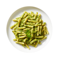 AI generated Pesto Pasta on a White Plate on Transparent Background. png
