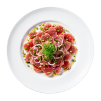 ai generato tonno tartare su un' bianca piatto su trasparente sfondo. png