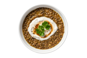 AI generated Warm Lentil Soup in a White Bowl Isolated on Transparent Background. png