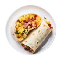 ai generiert Frühstück Burrito auf ein Weiß Teller auf transparent Hintergrund. png
