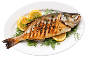 ai généré grillé poisson avec herbes sur une blanc assiette isolé sur transparent Contexte. png