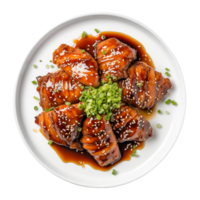 ai generato pollo teriyaki su un' bianca piatto su trasparente sfondo. png