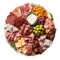 ai généré charcuterie plat avec assorti viandes et les fromages sur transparent Contexte. png