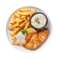 ai generiert knusprig Fisch und Chips mit Zahnstein Soße auf transparent Hintergrund. png