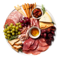 ai généré charcuterie plat avec assorti viandes et les fromages sur transparent Contexte. png