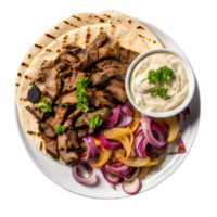 ai generiert ein Teller von aromatisch Döner mit Tahini Soße auf transparent Hintergrund. png