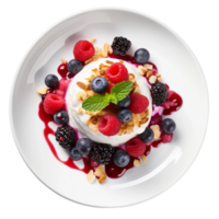 AI generated Mixed Berry Parfait on a White Plate on transparent background. png