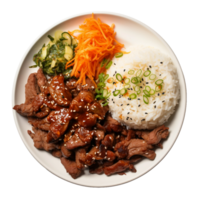 ai gegenereerd een bord van heerlijk Koreaans bulgogi met Kimchi en rijst- Aan transparant achtergrond. png