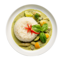 ai généré de haut en bas vue de une délicieux vert curry avec jasmin riz sur transparent Contexte. png