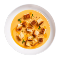 ai generiert cremig Butternuss quetschen Suppe mit Croutons auf transparent Hintergrund. png