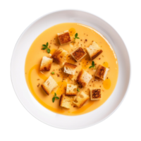 ai gerado cremoso Butternut abóbora sopa com croutons em transparente fundo. png