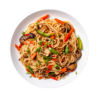 ai genererad Wokad spaghetti med vibrerande grönsaker på en vit tallrik på transparent bakgrund. png