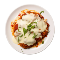 AI generated Chicken Parmesan on a White Plate on Transparent Background. png