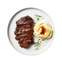 ai generiert gegrillt Steak mit ein Seite von püriert Kartoffeln auf transparent Hintergrund. png