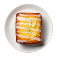 AI generated Lemon Drizzle Cake on a White Plate on Transparent Background. png