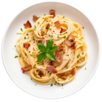 ai genererad spaghetti carbonara med bacon bitar på transparent bakgrund. png