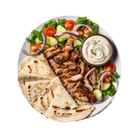 ai generado un plato de sabroso shawarma con tahini salsa en transparente antecedentes. png