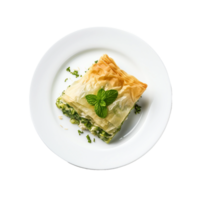 ai gegenereerd spanakopita Aan een wit bord Aan transparant achtergrond. png