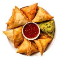 AI generated Assorted Indian Samosas with Flavorful Chutney on transparent background. png