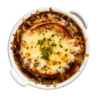 AI generated French Onion Soup in a White Bowl on Transparent Background. png
