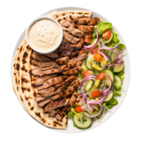 ai generiert ein Teller von aromatisch Döner mit Tahini Soße auf transparent Hintergrund. png