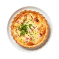 AI generated Quiche Lorraine on a White Plate on Transparent Background. png