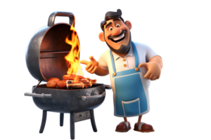 ai gegenereerd middelbare leeftijd mannetje 3d tekenfilm karakter Koken barbecue geïsoleerd Aan transparant achtergrond. png