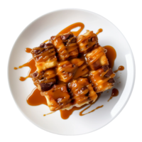 AI generated Bread Pudding with Caramel Drizzle on Transparent Background. png