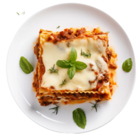 ai generato appena al forno Lasagna con strati di formaggio e pasta su trasparente sfondo. png