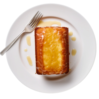 AI generated Lemon Drizzle Cake on a White Plate on Transparent Background. png