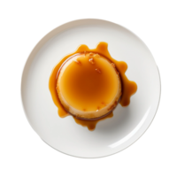 ai généré caramel Flan dessert sur une blanc assiette sur transparent Contexte. png