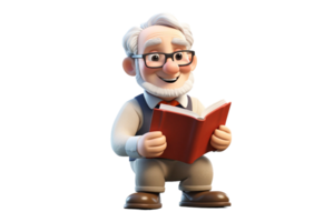 AI generated 3D Cartoon of an Elderly Character, Engaged in Reading a Book Isolated on Transparent Background. png