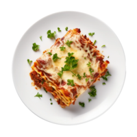 ai generiert frisch gebacken Lasagne mit Schichten von Käse und Pasta auf transparent Hintergrund. png