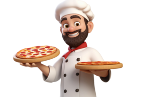 ai gegenereerd 3d tekenfilm karakter een mannetje chef Holding een pizza geïsoleerd Aan transparant achtergrond. png