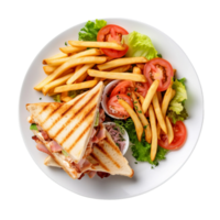 ai generato club Sandwich con patatine fritte su un' bianca piatto su trasparente sfondo. png