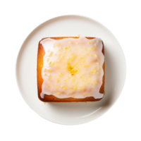 AI generated Lemon Drizzle Cake on a White Plate on Transparent Background. png