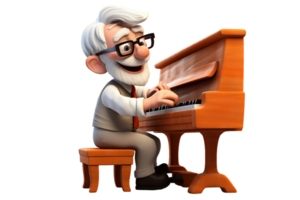 ai generado 3d dibujos animados de un mayor personaje jugando el piano aislado en transparente antecedentes. png