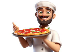 ai gegenereerd 3d tekenfilm karakter een mannetje chef Holding een pizza geïsoleerd Aan transparant achtergrond. png