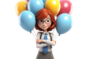 ai generiert 3d Karikatur Charakter weiblich mit gekreuzt Waffen, halten ein Strauß von Luftballons isoliert auf transparent Hintergrund. png