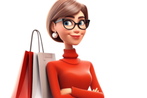 ai generato femmina cartone animato personaggio con attraversato braccia, Tenere un' shopping Borsa isolato su trasparente sfondo. png