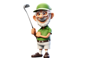 ai gegenereerd 3d tekenfilm senior golfspeler genieten van een spel geïsoleerd Aan transparant achtergrond. png