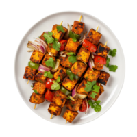 ai gerado paneer tikka em uma branco prato em transparente fundo. png