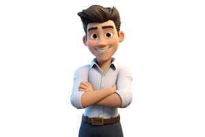 ai generato 3d cartone animato personaggio un' fiducioso maschio con attraversato braccia isolato su trasparente sfondo. png