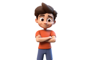 ai generado 3d dibujos animados niño personaje posando con cruzado brazos aislado en transparente antecedentes. png