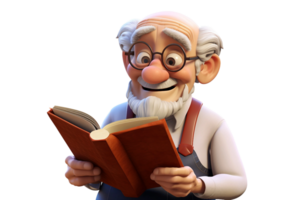 ai gerado 3d desenho animado do a idosos personagem, acionado dentro lendo uma livro isolado em transparente fundo. png