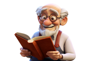 AI generated 3D Cartoon of an Elderly Character, Engaged in Reading a Book Isolated on Transparent Background. png